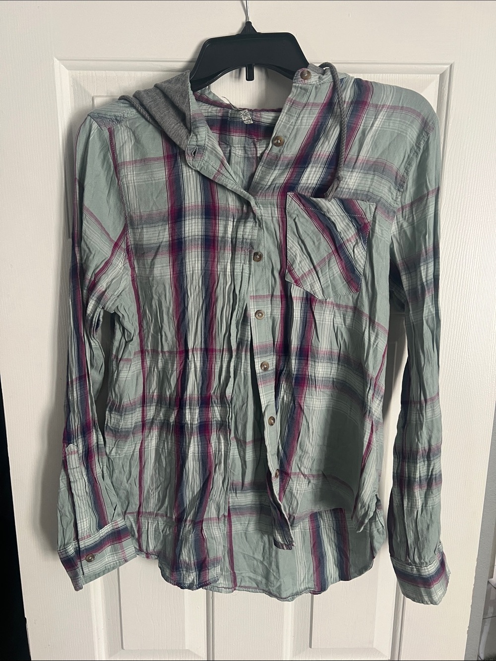 Mudd Women’s Plaid Hooded Button-Up Shirt - Mint & Purple